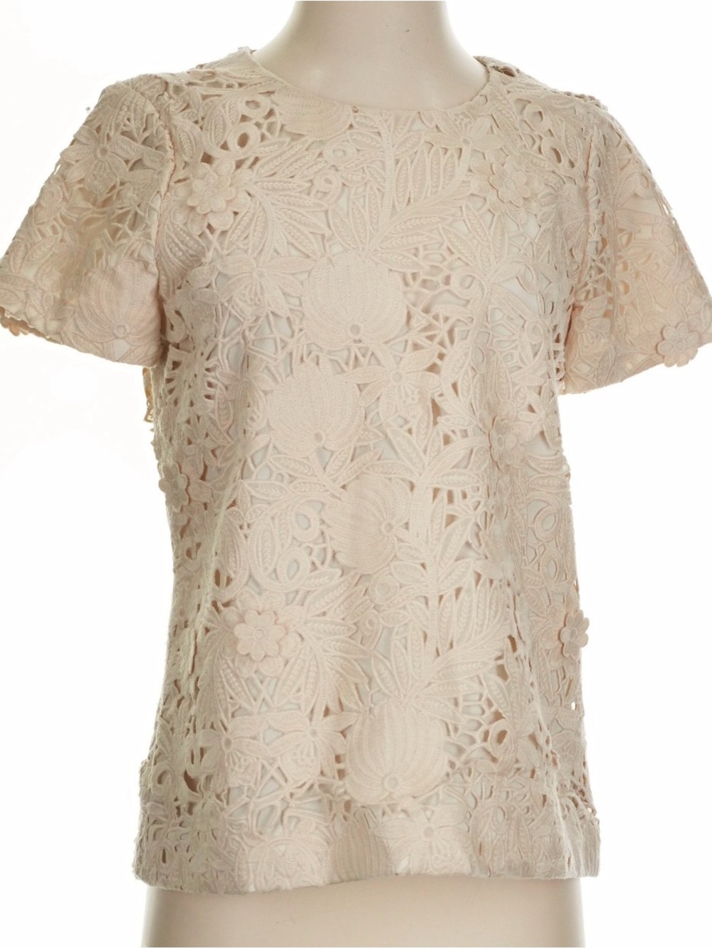 J. Crew 100% Silk Pale Cream Floral Lace Short-Sleeve Top